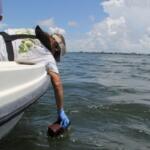 Crew member on a boat reaches into the water with a gloved hand, holding a small brown rectangular device near the surface.
