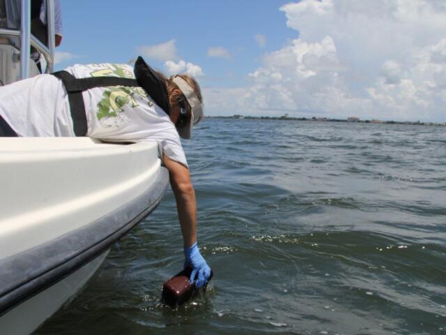 Crew member on a boat reaches into the water with a gloved hand, holding a small brown rectangular device near the surface.