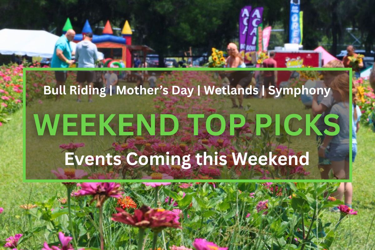 Outdoor festival in a park with pink zinnias in the foreground and people visiting tents and banners in the background, sunny day. In the foreground is a brown box with a green border. White and green text inside of the box read, "Bull Riding | Mother's Day | Wetlands | Symphony. WEEKEND TOP PICKS. Events Coming this Weekend."