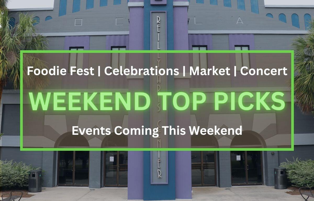 Banner on a building promoting weekend events: 'WEEKEND TOP PICKS' in neon green; lists 'Foodie Fest', 'Celebrations', 'Market', 'Concert'.