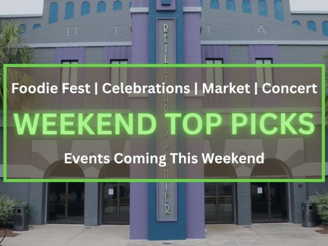 Banner on a building promoting weekend events: 'WEEKEND TOP PICKS' in neon green; lists 'Foodie Fest', 'Celebrations', 'Market', 'Concert'.
