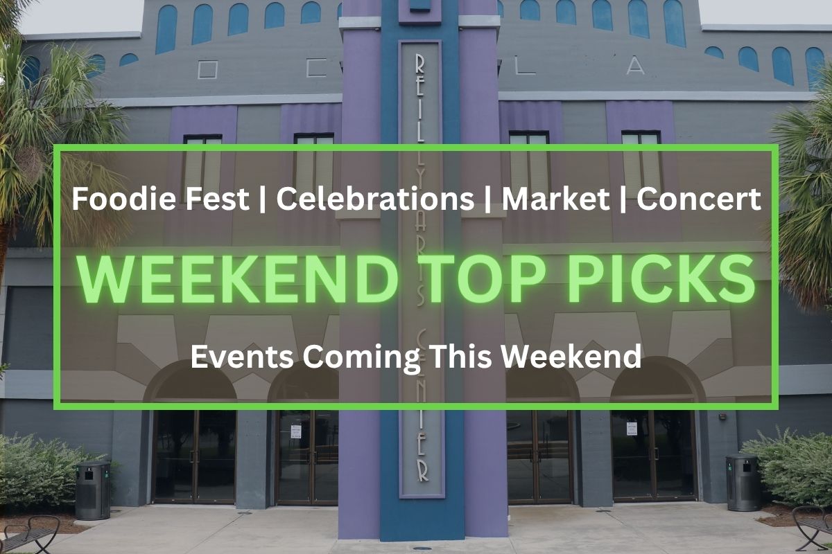 Banner on a building promoting weekend events: 'WEEKEND TOP PICKS' in neon green; lists 'Foodie Fest', 'Celebrations', 'Market', 'Concert'.