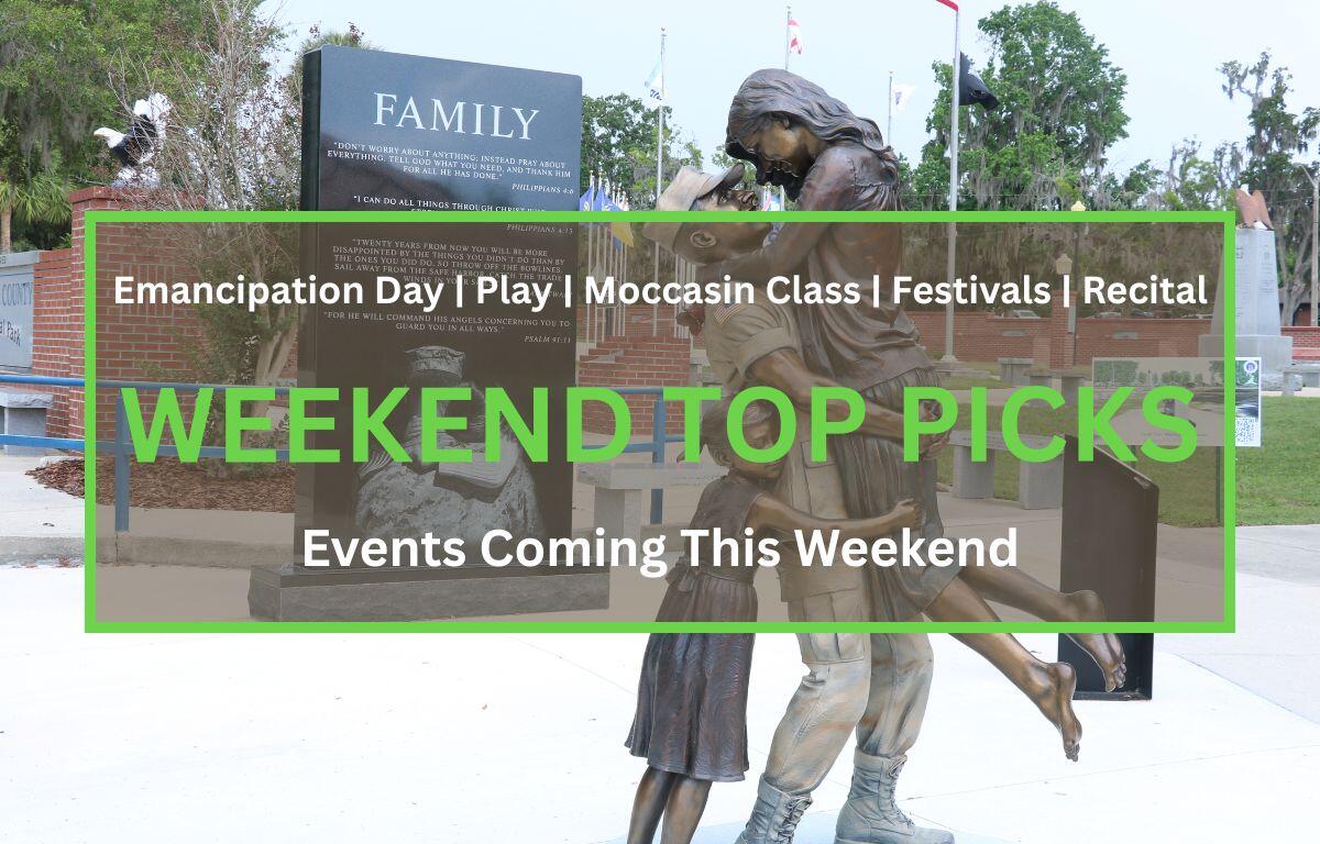 In the background, a statue of a soldier reuniting with his family stands in a memorial park. In the foreground is a brown box with a green border. White and green text in the box reads, "Emancipation Day | Play | Moccasin Class | Festivals | Recital. WEEKEND TOP PICKS. Events Coming this Weekend."