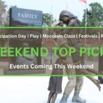 In the background, a statue of a soldier reuniting with his family stands in a memorial park. In the foreground is a brown box with a green border. White and green text in the box reads, "Emancipation Day | Play | Moccasin Class | Festivals | Recital. WEEKEND TOP PICKS. Events Coming this Weekend."
