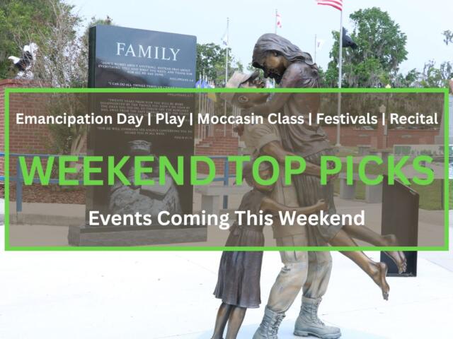 In the background, a statue of a soldier reuniting with his family stands in a memorial park. In the foreground is a brown box with a green border. White and green text in the box reads, "Emancipation Day | Play | Moccasin Class | Festivals | Recital. WEEKEND TOP PICKS. Events Coming this Weekend."