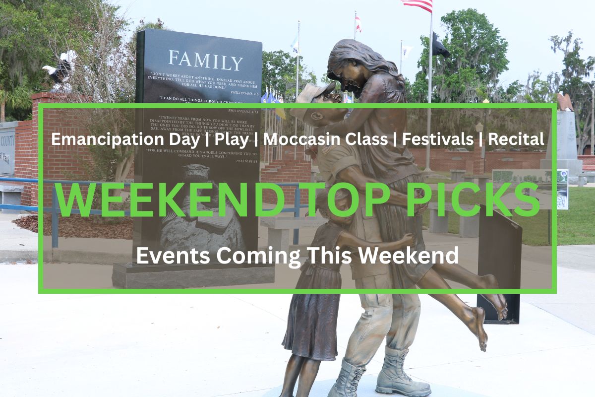 In the background, a statue of a soldier reuniting with his family stands in a memorial park. In the foreground is a brown box with a green border. White and green text in the box reads, "Emancipation Day | Play | Moccasin Class | Festivals | Recital. WEEKEND TOP PICKS. Events Coming this Weekend."