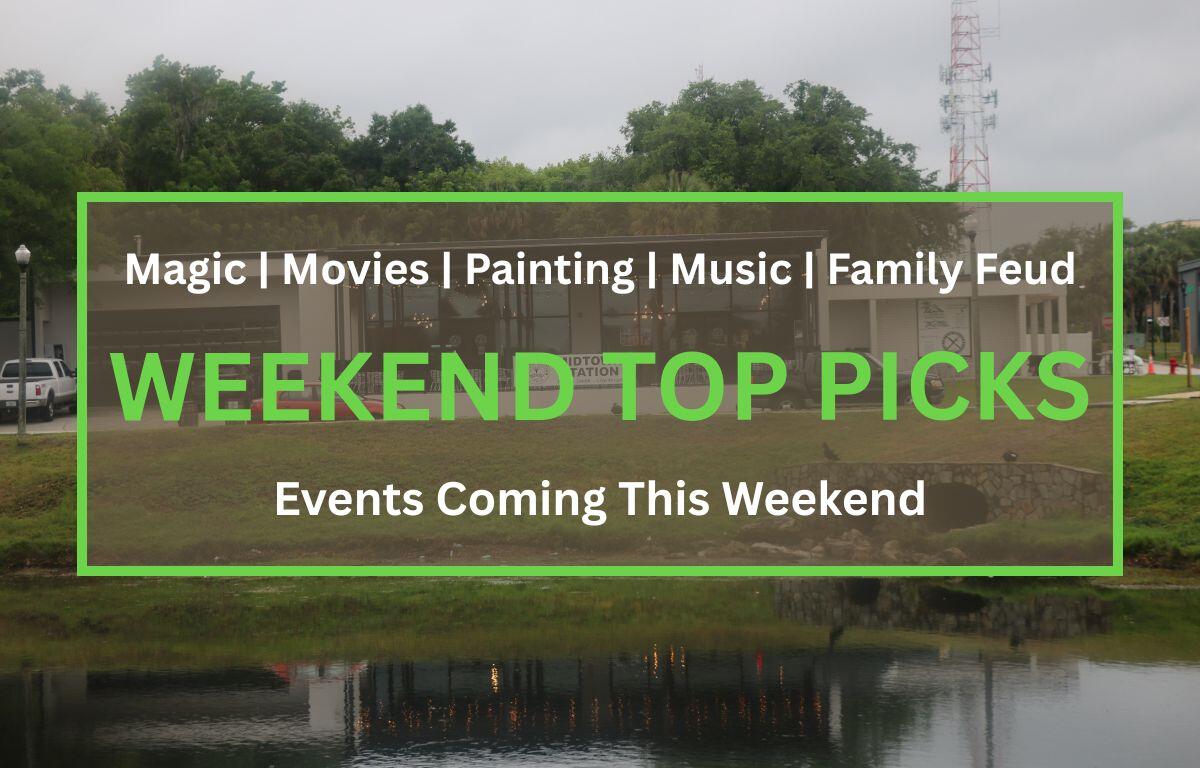 The exterior of a restaurant has two cars parallel parked in front of it. A large banner hanging from a fence surrounding an outdoor patio of the restaurant reads, "Midtown Station." In the foreground is a brown box with a green border. Inside the box are white and green letters that read, "Magic | Movies | Painting | Music | Family Feud. WEEKEND TOP PICKS. Events Coming this Weekend."