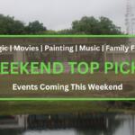 The exterior of a restaurant has two cars parallel parked in front of it. A large banner hanging from a fence surrounding an outdoor patio of the restaurant reads, "Midtown Station." In the foreground is a brown box with a green border. Inside the box are white and green letters that read, "Magic | Movies | Painting | Music | Family Feud. WEEKEND TOP PICKS. Events Coming this Weekend."