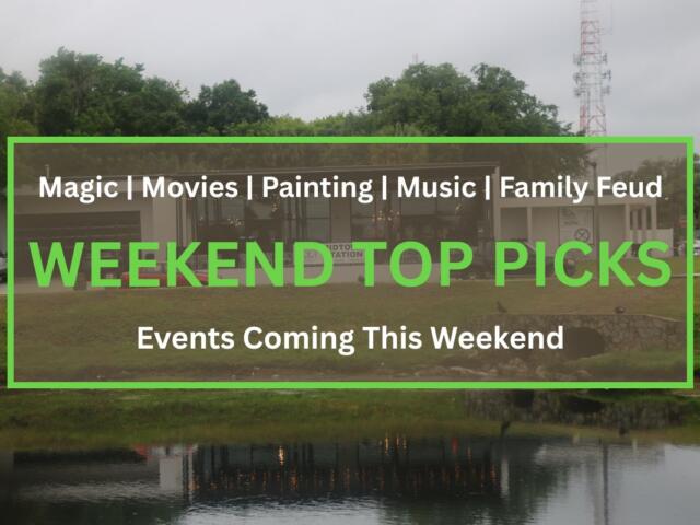 The exterior of a restaurant has two cars parallel parked in front of it. A large banner hanging from a fence surrounding an outdoor patio of the restaurant reads, "Midtown Station." In the foreground is a brown box with a green border. Inside the box are white and green letters that read, "Magic | Movies | Painting | Music | Family Feud. WEEKEND TOP PICKS. Events Coming this Weekend."