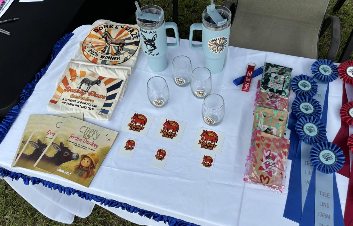 Table display of Donkey Daze items: light-blue mugs with logos, clear glasses, blue ribbons, and kids' books on a white cloth backdrop.