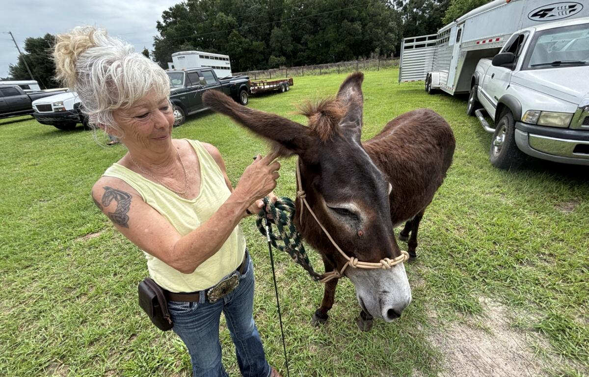 Karen Deconna with her donkey Peaches, who was adopted out of the Bureau of Land Management adoption program.