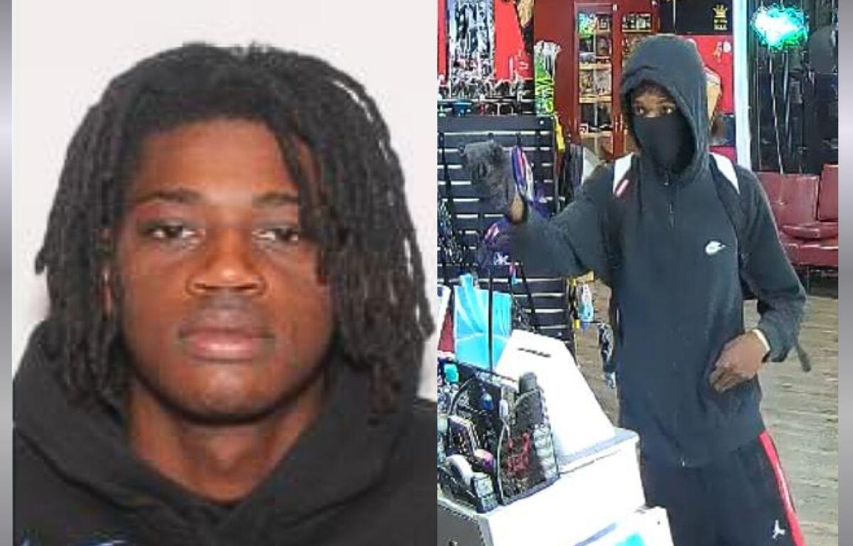 A picture of a young African American man with shoulder-length hair and a black hoodie (left) and the same man with a hood and mask with a gun in a store (right).