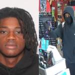 A picture of a young African American man with shoulder-length hair and a black hoodie (left) and the same man with a hood and mask with a gun in a store (right).