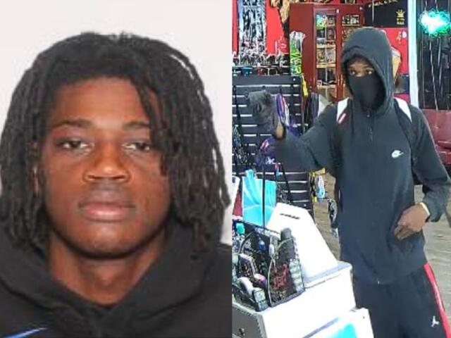 A picture of a young African American man with shoulder-length hair and a black hoodie (left) and the same man with a hood and mask with a gun in a store (right).