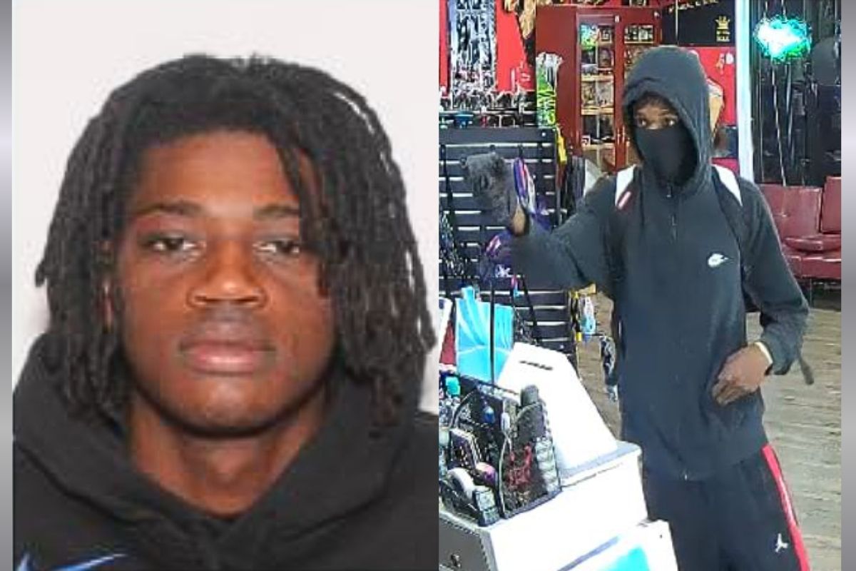 A picture of a young African American man with shoulder-length hair and a black hoodie (left) and the same man with a hood and mask with a gun in a store (right).
