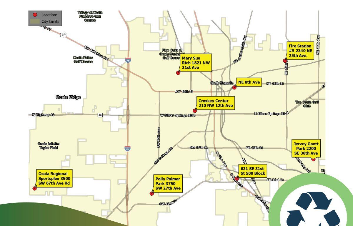 A yellow and white map of different drop-off locations in Ocala.