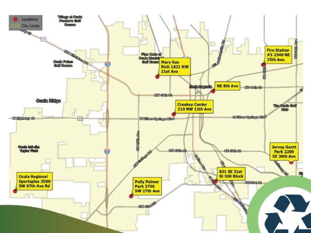 A yellow and white map of different drop-off locations in Ocala.