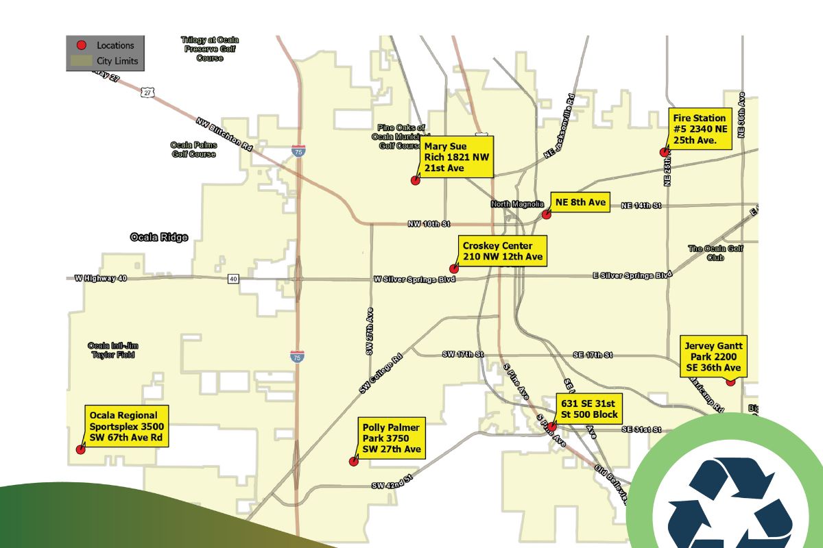 A yellow and white map of different drop-off locations in Ocala.