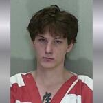 A mugshot of a young man with short brown hair in an orange and white striped jumpsuit.