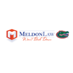 Meldon Law logo: red 3D cube with an M, blue MelDonLaw text and a Florida Gators alligator mascot with 'Don't Back Down' slogan underneath.
