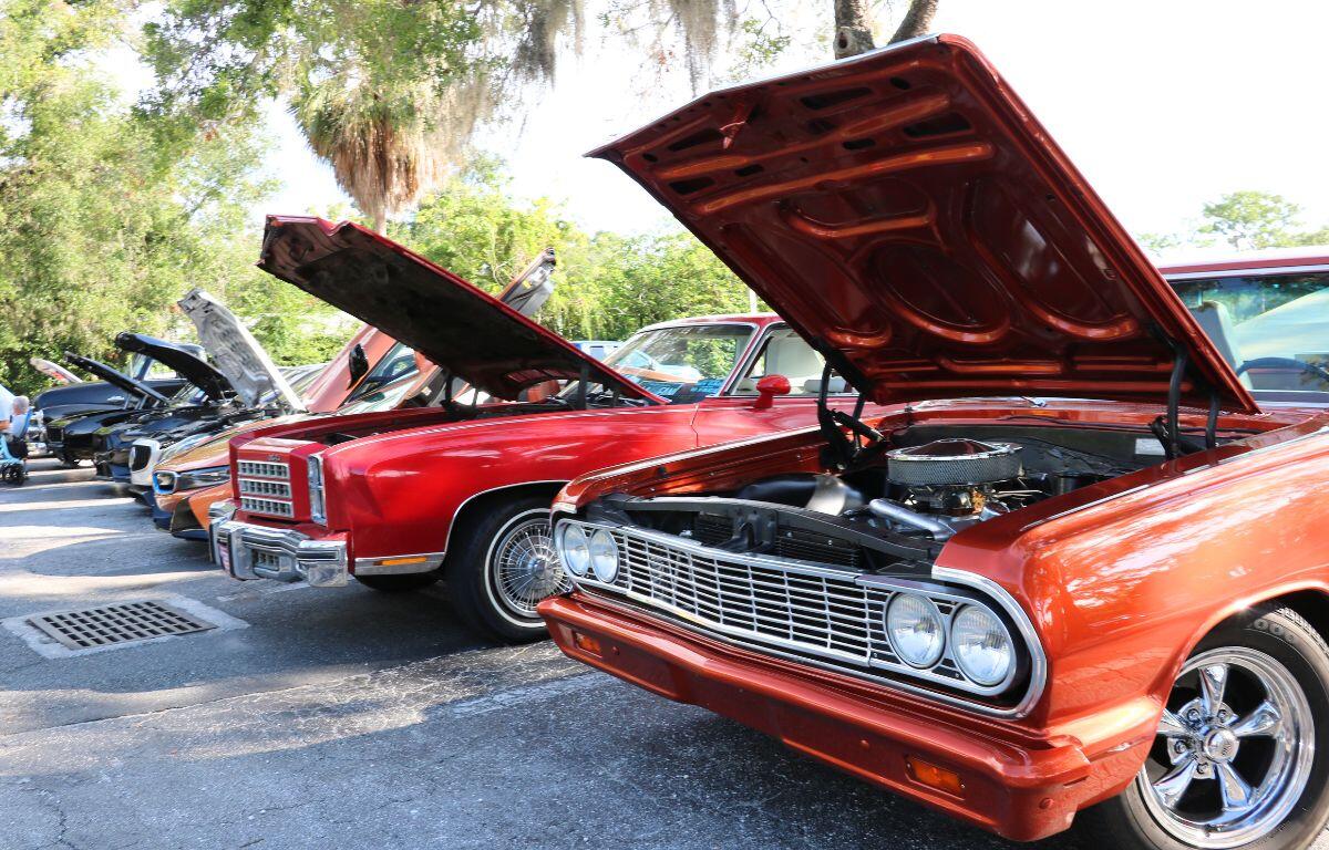 Row of vintage cars with open hoods at an outdoor car show; red car in foreground.