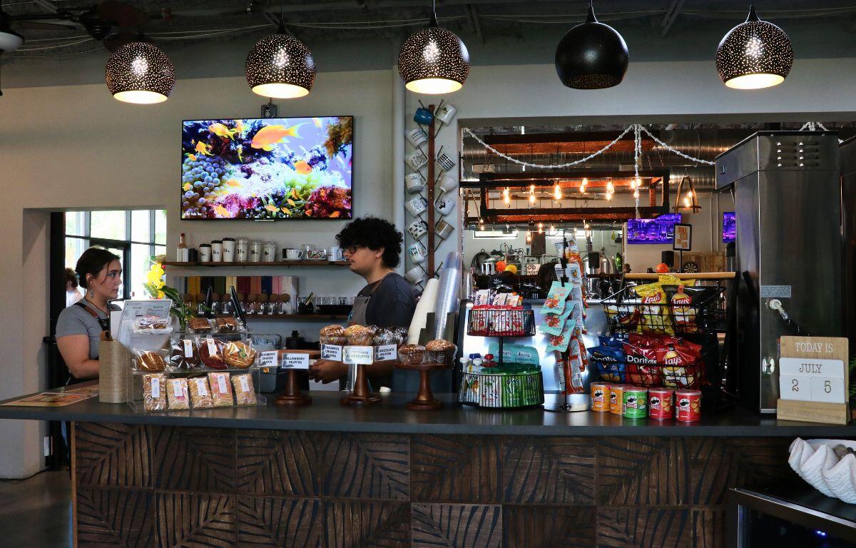 Cafe counter with two staff members, pastries and snacks on display, and a beverage station behind them.