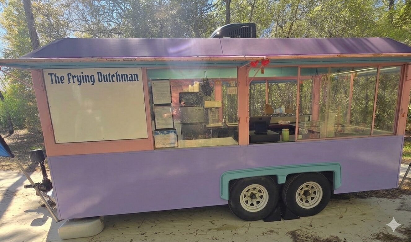 Pastel purple food cart with pink trim reading 'The Frying Dutchman' and large glass serving windows in an outdoor setting