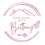 Logo for Mortgages with Brittany featuring a stylized house roof, a key, and a laurel branch in mauve/pink circle motif
