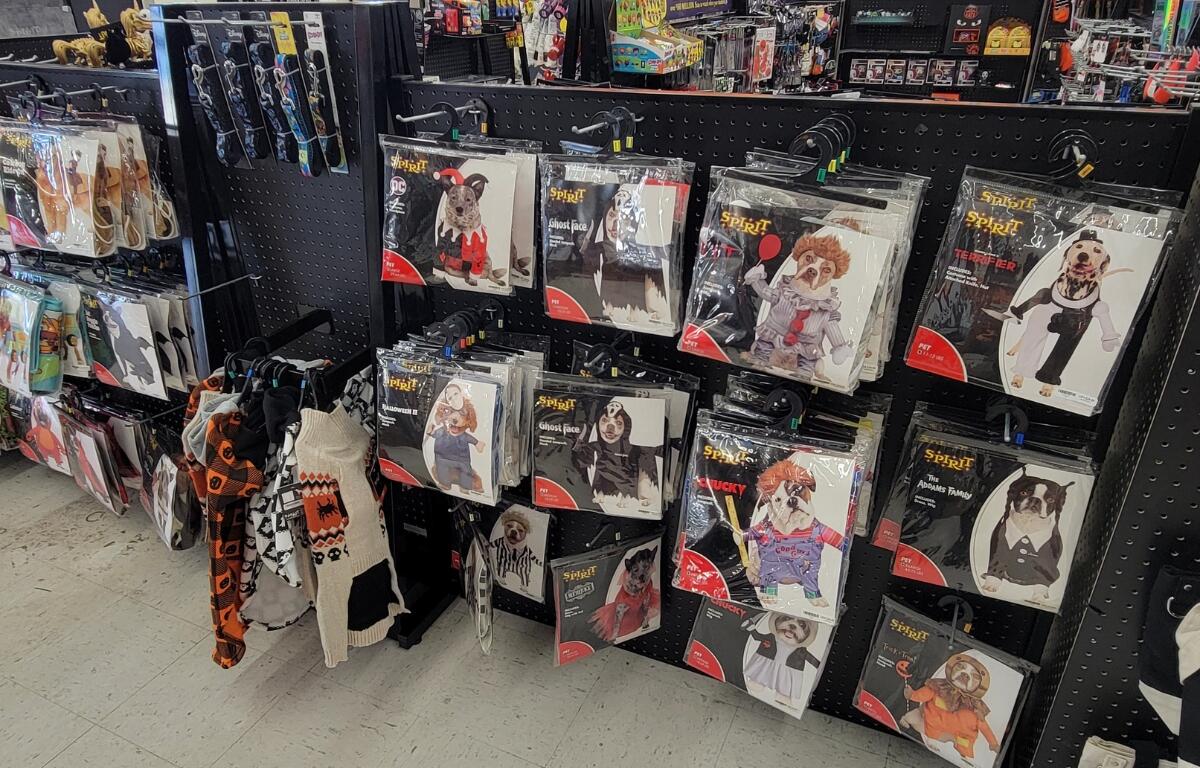 A assortment of pet Halloween costumes.