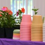 Colorful flower pots on a table with a purple tablecloth and flowers surrounding them.