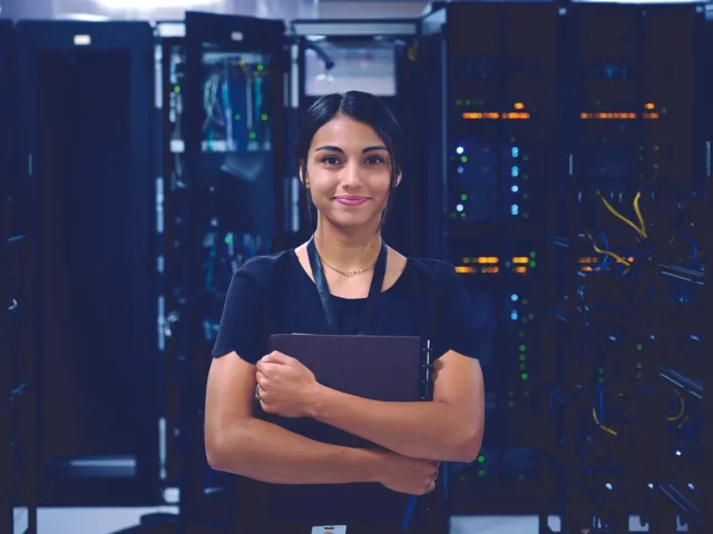 woman computer server room