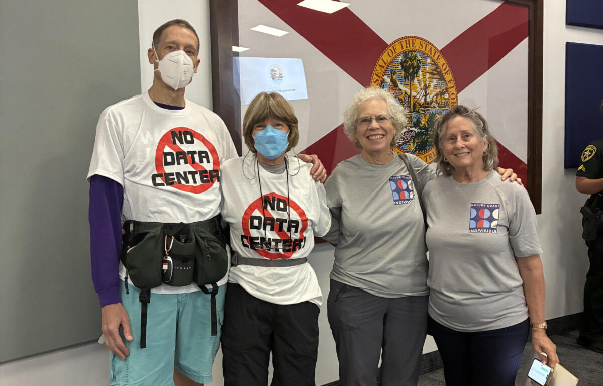 Some residents in matching “No Data Centers” shirts filled MacPherson Auditorium on Aug. 31 as organizer Brian Donnelly helped to turn a routine Planning and Zoning hearing into a coordinated show of opposition to hyperscale facilities in Ocala.
