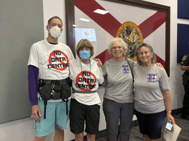 Some residents in matching “No Data Centers” shirts filled MacPherson Auditorium on Aug. 31 as organizer Brian Donnelly helped to turn a routine Planning and Zoning hearing into a coordinated show of opposition to hyperscale facilities in Ocala.