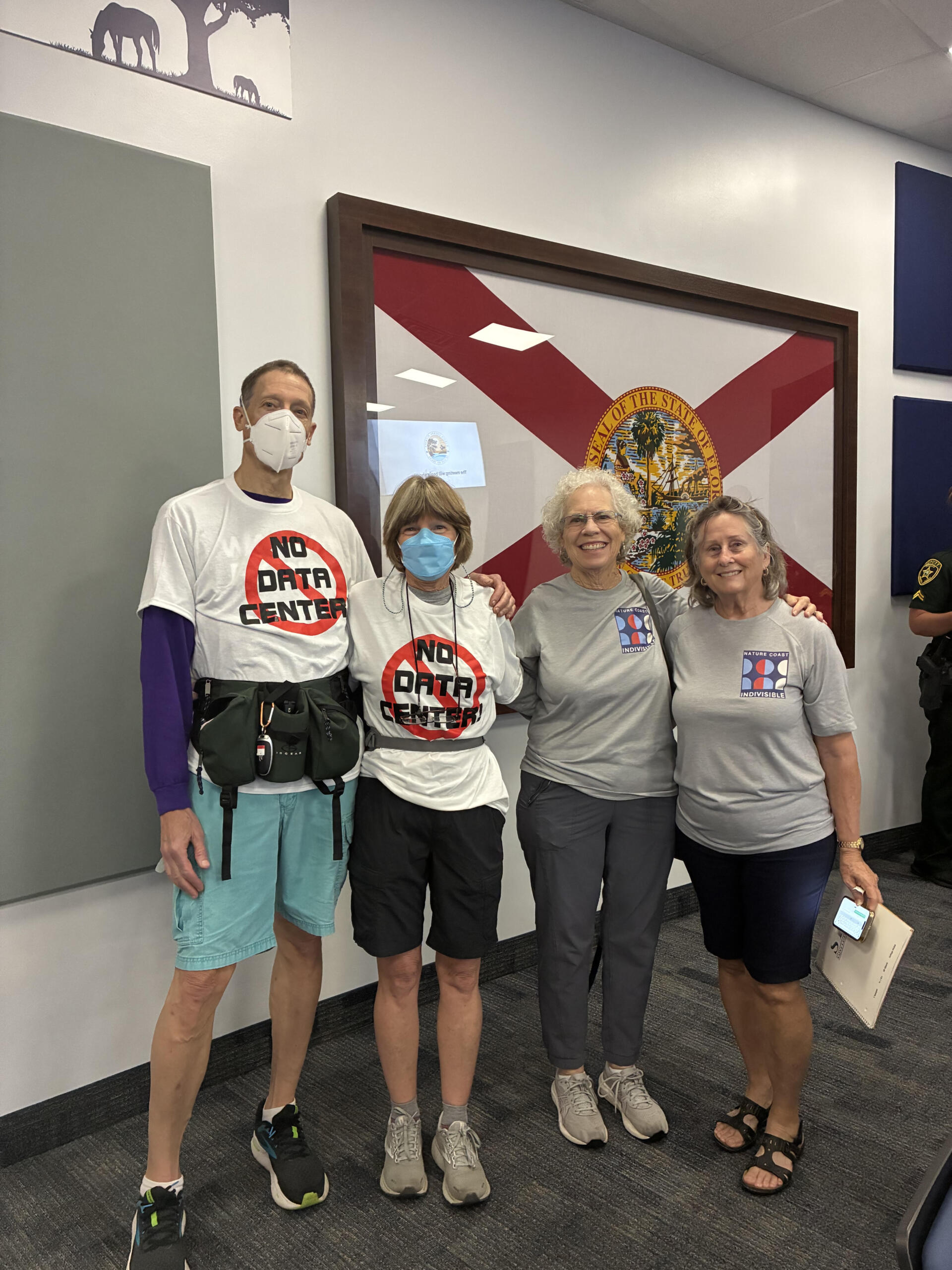 Some residents in matching “No Data Centers” shirts filled MacPherson Auditorium on Aug. 31 as organizer Brian Donnelly helped to turn a routine Planning and Zoning hearing into a coordinated show of opposition to hyperscale facilities in Ocala.