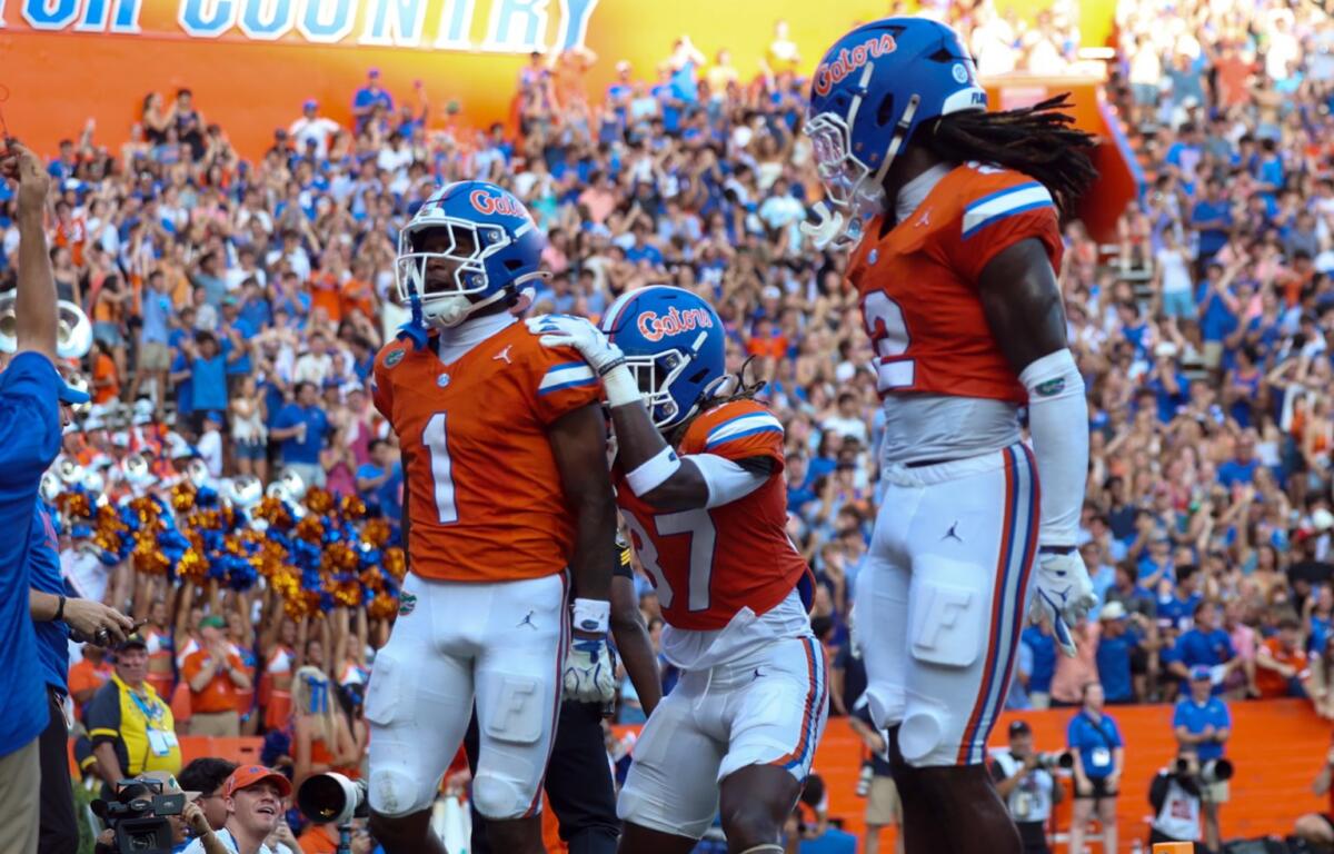 Florida wide receiver Vernell Brown (1) celebrates with his teammates during the first half of an NCAA college football game against Campbell University, Saturday, Sept. 12, 2026, in Gainesville, Fla.