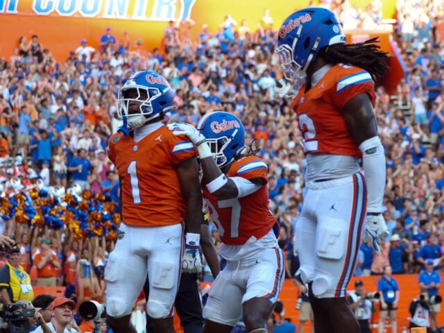 Florida wide receiver Vernell Brown (1) celebrates with his teammates during the first half of an NCAA college football game against Campbell University, Saturday, Sept. 12, 2026, in Gainesville, Fla.