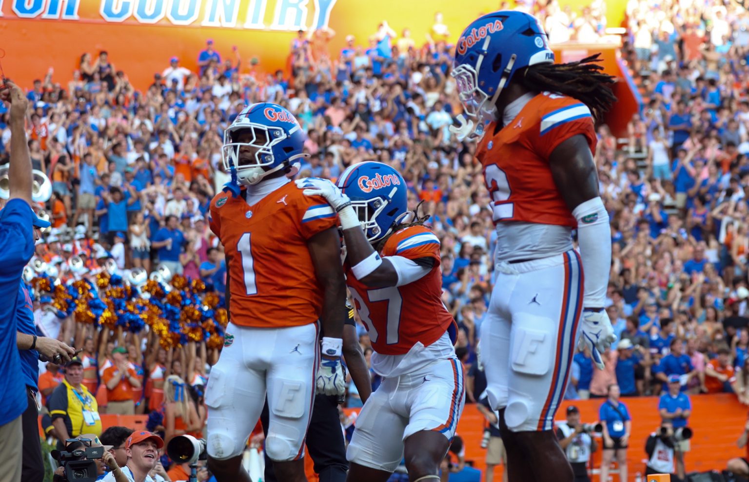 Florida wide receiver Vernell Brown (1) celebrates with his teammates during the first half of an NCAA college football game against Campbell University, Saturday, Sept. 12, 2026, in Gainesville, Fla.