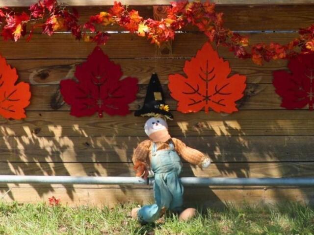 A scarecrow against a wooden stand. Fake red and orange leaves hanging from wooden stand.
